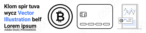 Bitcoin symbol next to a credit card and a smartphone displaying a financial chart with a credit card. Ideal for digital currency, online payments, mobile banking, finance apps, investment tracking