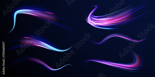 Light trail wave, fire path trace line, car lights, optic fiber and incandescence curve twirl. Big data traffic visualization, dynamic high speed, png, effect. Vector glowing lines air flow effect. 