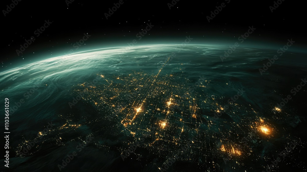 Fototapeta premium A futuristic satellite view of Earth with glowing city connections forming a global network; photorealistic, night-time palette, subtle neon accents