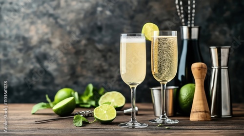 Two champagne flutes with lime garnish, surrounded by fresh limes, mint leaves, a cocktail shaker, and bar tools on a wooden surface with a dark background. photo