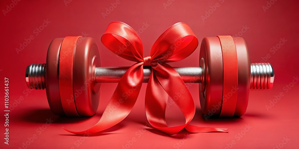 Romantic Minimalist Photography of a Red Dumbbell Elegantly Wrapped in a Red Ribbon, Perfect for Valentine's Day Gift Ideas for Fitness Enthusiasts and Loved Ones Romantic Minimalist Photography of a Red Dumbbell Elegantly Wrapped in a Red Ribbon, Perfect for Valentine's Day Gift Ideas for Fitness Enthusiasts and Loved Ones