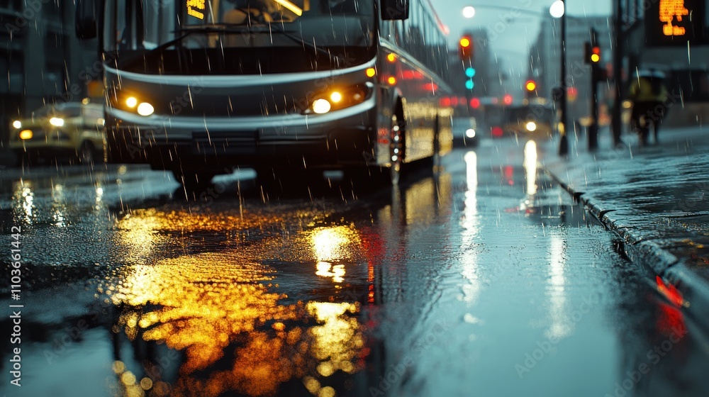 Rainy Night Cityscape with Reflections of Street Lights and Traffic Rainy Night Cityscape with Reflections of Street Lights and Traffic