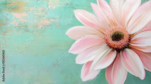 Closeup of a soft pink daisy flower with delicate petals, against a bright minty green background, highlighting its vibrant colors and intricate details.