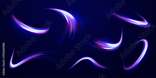 Creative vector illustration of flying cosmic meteor, planetoid, comet, fireball isolated on transparent background. Effect, png, wave,neon,line. Light arc in neon colors, in the form of a turn.