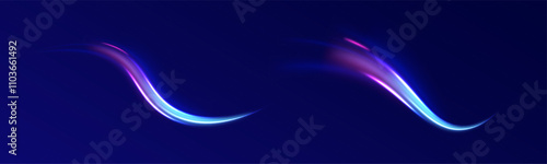 Light arc in neon colors, in the form of a turn. Creative vector illustration of flying cosmic meteor, planetoid, comet, fireball isolated on transparent background. Effect, png, wave,neon,line. 