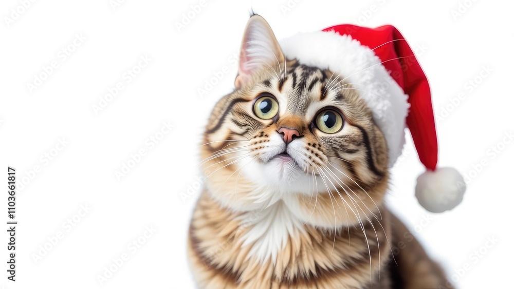 Christmas Fluffy Cat With Santa Claus Hat, Isolated On White Background Christmas Fluffy Cat With Santa Claus Hat, Isolated On White Background