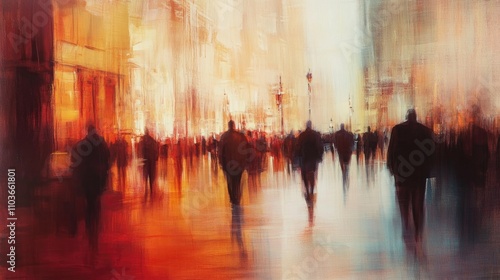 Lively urban scene depicting blurred figures in motion, illustrating the vibrant energy and fast pace of city life with dynamic colors and light.