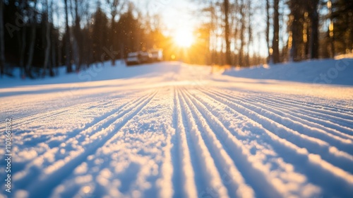 Sunlit winter ski slope with groomed snow and ski tracks