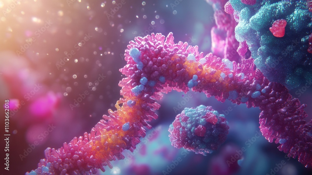 Naklejka premium Vivid 3D rendering of a detailed DNA strand intertwined with a colorful cancer cell, highlighting cellular interaction for oncology research visuals.