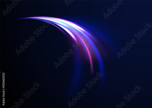 Horizontal speed lines connection vector background. Futuristic dynamic motion technology blue glowing lines air flow effect.  Racing cars dynamic flash effects city road with long exposure. 