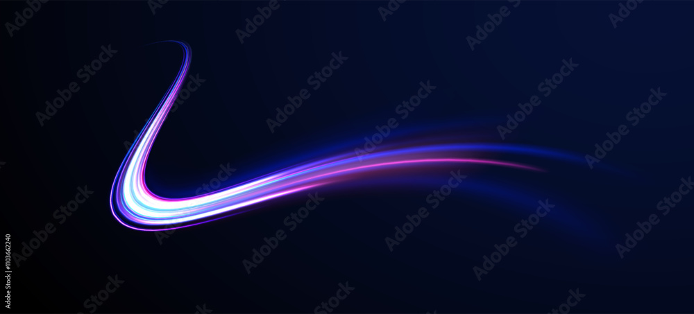 Obraz premium Futuristic dynamic motion technology blue glowing lines air flow effect. Racing cars dynamic flash effects city road with long exposure. Horizontal speed lines connection vector background. 