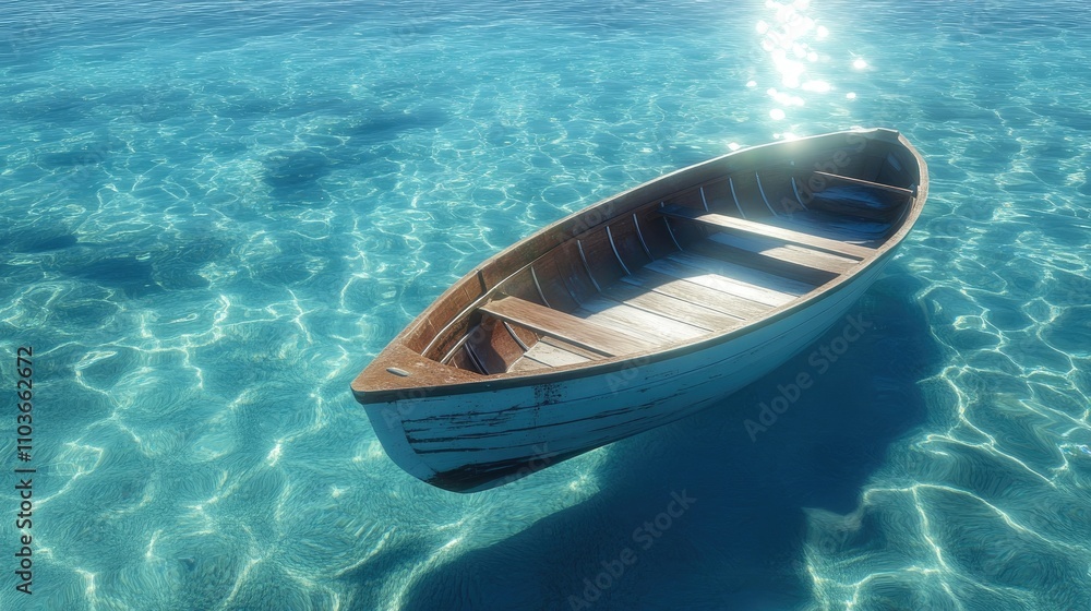 A wooden boat gently floating on crystal clear turquoise water, shimmering under bright sunlight with gentle waves reflecting the light. A wooden boat gently floating on crystal clear turquoise water, shimmering under bright sunlight with gentle waves reflecting the light.