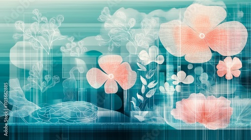 Abstract Ocean Conservation Artwork with Coral and Flora in Teal and Pink Tones, Environmental Awareness Theme photo