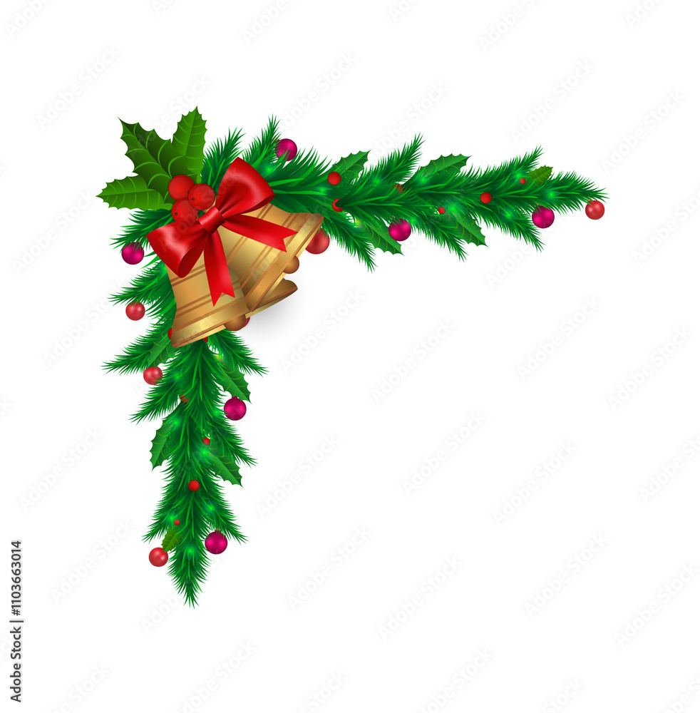 Christmas Corner Border with Bells and Fir Branches Christmas Corner Border with Bells and Fir Branches
