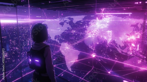 A global network interface, with continents connected by light trails, floating in a holographic projection; sci-fi theme, metallic and neon palette, ultra-sharp focus 