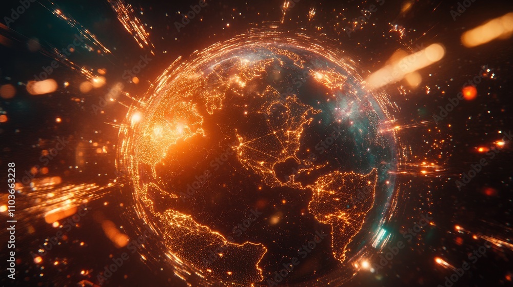 Obraz premium A global network interface, with continents connected by light trails, floating in a holographic projection; sci-fi theme, metallic and neon palette, ultra-sharp focus 