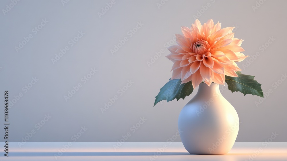 Peach dahlia bloom in a sleek white ceramic vase, enhanced by delicate green leaves, against a softly lit minimalist interior background. Peach dahlia bloom in a sleek white ceramic vase, enhanced by delicate green leaves, against a softly lit minimalist interior background.