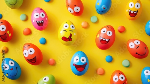 Cheerful, brightly colored Easter eggs with playful faces scattered on a vibrant yellow background, capturing the festive spirit of Easter celebrations.