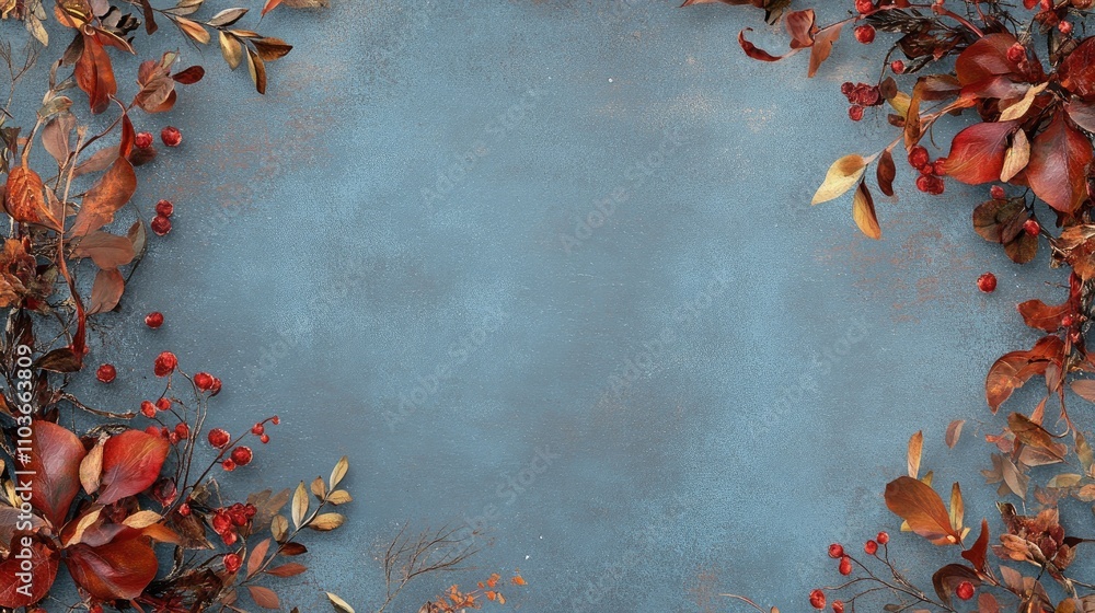 Floral border with autumn leaves and berries on a textured blue background creating a rustic frame for greeting cards, banners, or posters. Floral border with autumn leaves and berries on a textured blue background creating a rustic frame for greeting cards, banners, or posters.