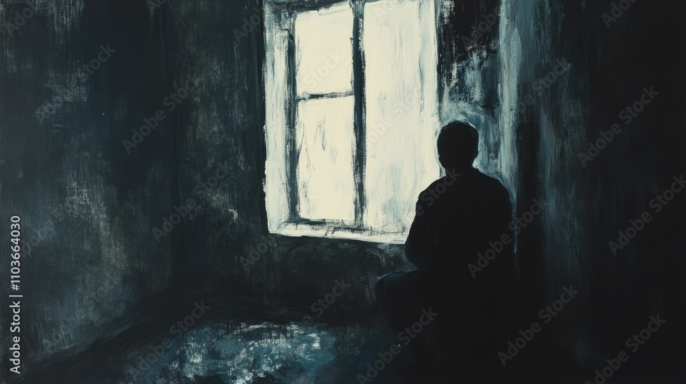 Silhouette of a figure seated in a dimly lit room, gazing out a large window, with shadows and subtle textures enhancing the atmospheric scene. Silhouette of a figure seated in a dimly lit room, gazing out a large window, with shadows and subtle textures enhancing the atmospheric scene.