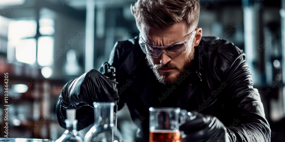 High-tech lab scene with bioengineer working on sustainable materials, focused and futuristic High-tech lab scene with bioengineer working on sustainable materials, focused and futuristic