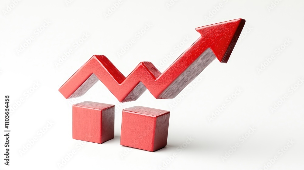 Red upward arrow above blocks on a clean white background symbolizing business growth, progress, and positive financial trends. Red upward arrow above blocks on a clean white background symbolizing business growth, progress, and positive financial trends.
