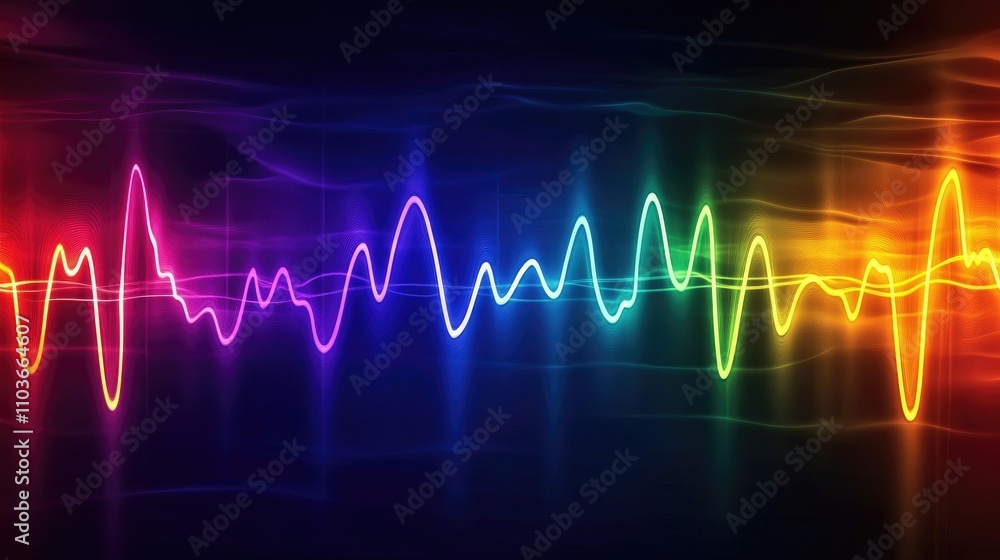 A smooth, flowing animation of heartbeat waves in various colors against a dark background, representing emotions and the essence of life A smooth, flowing animation of heartbeat waves in various colors against a dark background, representing emotions and the essence of life