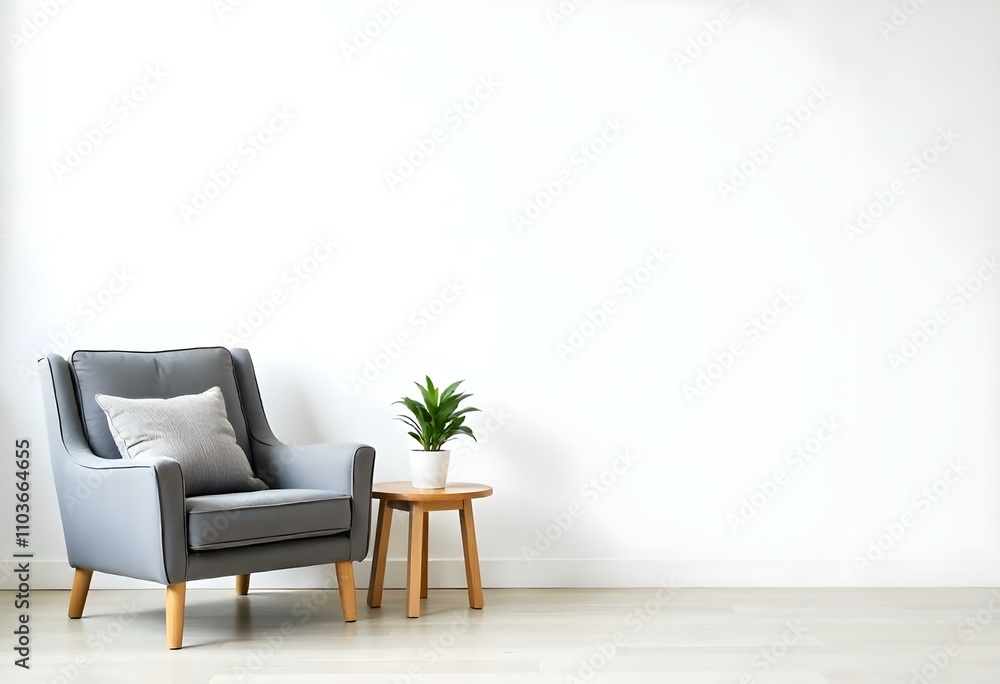 A modern living room with a gray sofa, a small wooden side table, and a potted plant A modern living room with a gray sofa, a small wooden side table, and a potted plant