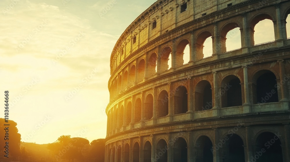 Naklejka premium Majestic Roman Colosseum Bathed in Golden Sunset Light in the Heart of Historic Rome, Italy