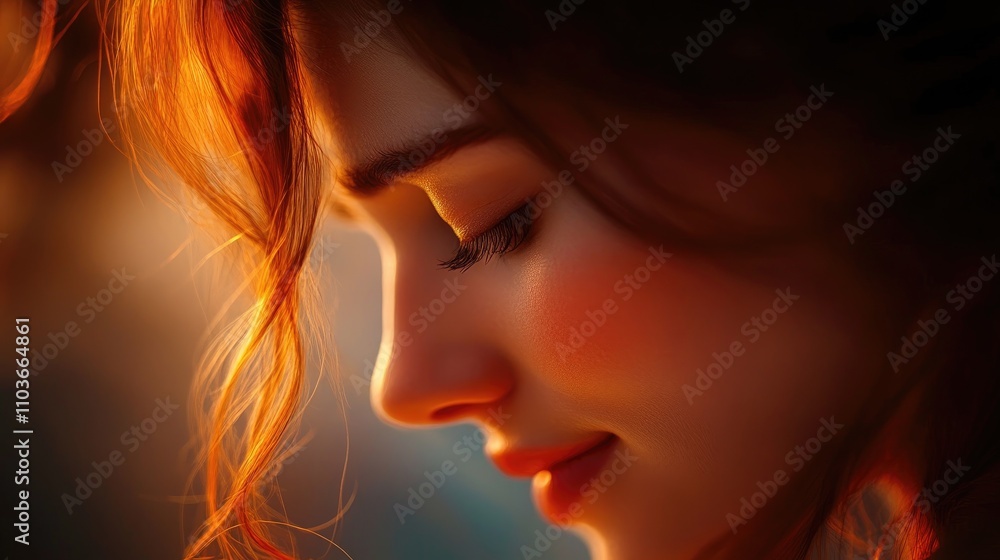 Intimate Close-Up Portrait of a Woman With Soft Lighting and Warm Tones, Emphasizing Delicate Features and Serene Expression Intimate Close-Up Portrait of a Woman With Soft Lighting and Warm Tones, Emphasizing Delicate Features and Serene Expression