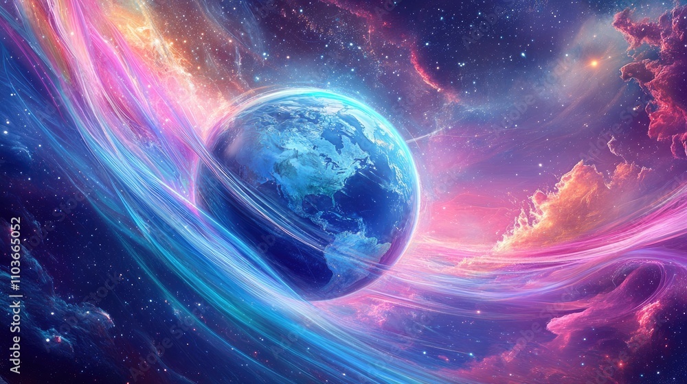 Obraz premium A global network visualized as flowing light trails over a transparent Earth, surrounded by a starry cosmos; digital surrealism, vibrant hues