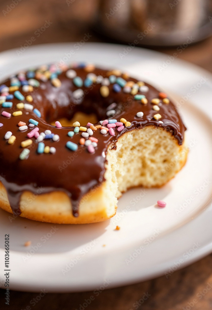 A chocolate donut with a glossy glaze, colorful sprinkles, and soft lighting. A chocolate donut with a glossy glaze, colorful sprinkles, and soft lighting.