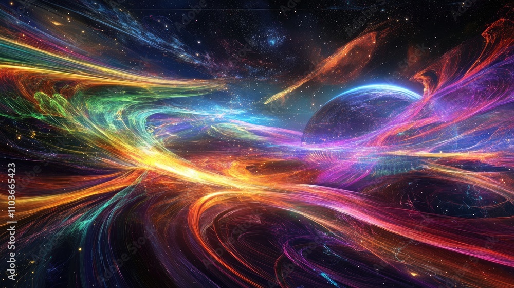 Obraz premium A global network visualized as flowing light trails over a transparent Earth, surrounded by a starry cosmos; digital surrealism, vibrant hues 