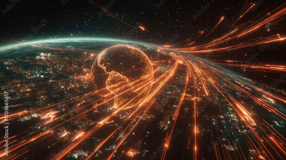 Obraz premium A global network visualized as flowing light trails over a transparent Earth, surrounded by a starry cosmos; digital surrealism, vibrant hues 