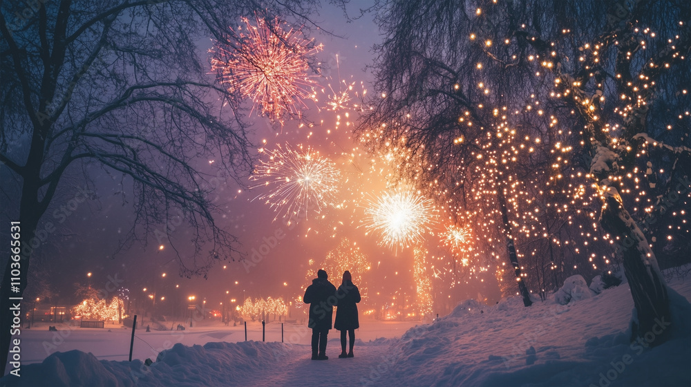 Fototapeta premium Two people standing in the snow next to a path