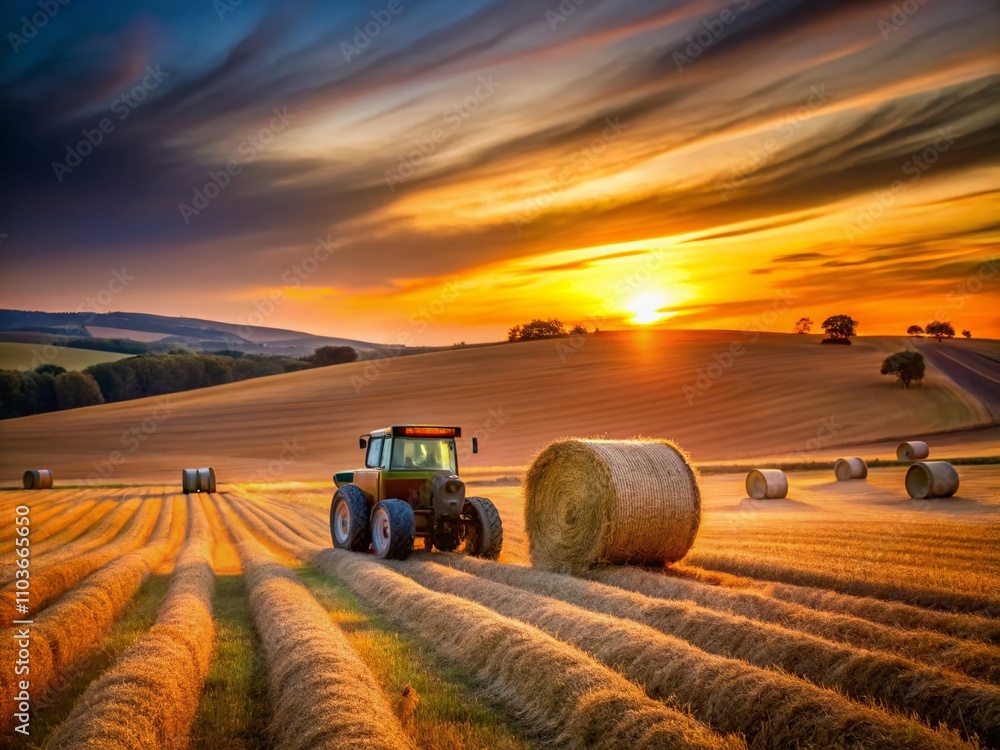 Obraz premium Long Exposure of a Rancher Collecting Hay in a Tranquil Field with a Tractor, Showcasing the Beauty of Agriculture and Rural Life at Dusk