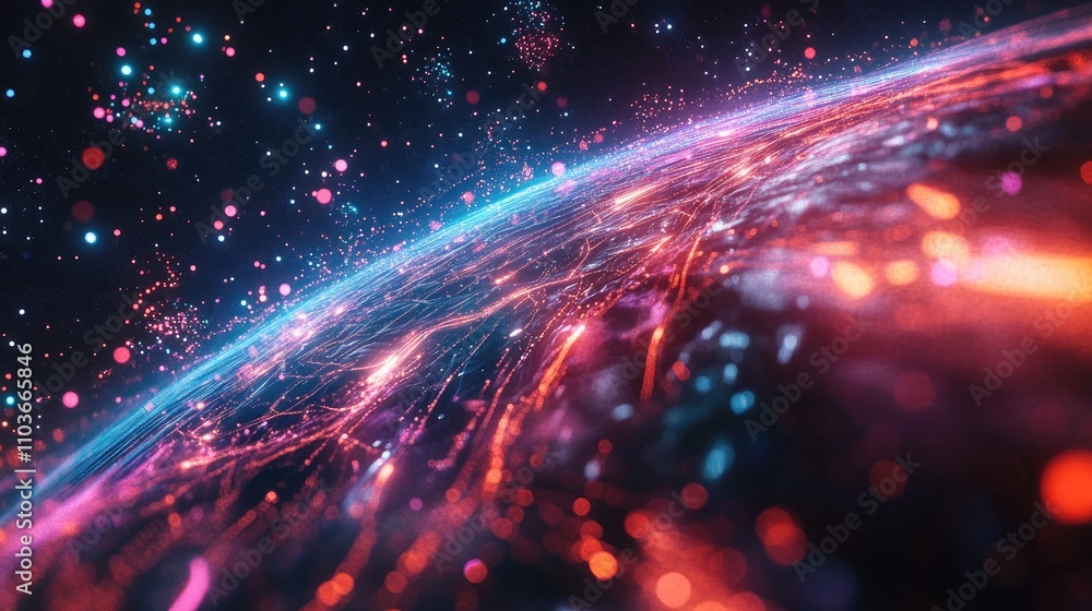 Obraz premium A global network visualized as flowing light trails over a transparent Earth, surrounded by a starry cosmos; digital surrealism, vibrant hues 