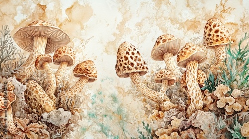 A vibrant watercolor scene of morel mushrooms in intricate patterns of tan and brown with soft forest green splashes copy white space in center