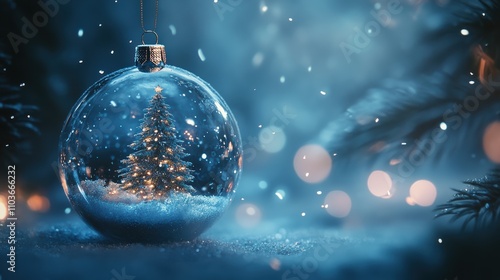 Frosty blue christmas background with glass ornament and snowflakes