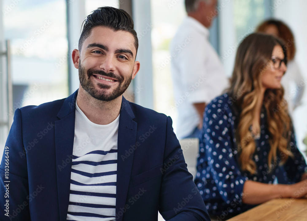 Obraz premium Creative, coworking and portrait of man in office with smile, confidence and collaboration at startup agency. Meeting, team and designer in conference room with happy face, business people and pride