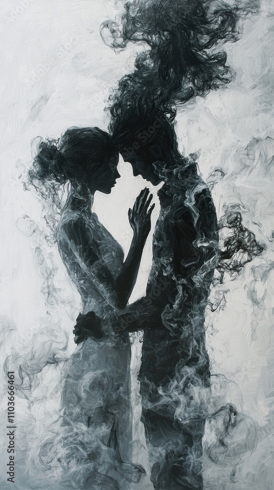 Emotive Silhouette of Couple Surrounded by Ethereal Smoke Patterns Emotive Silhouette of Couple Surrounded by Ethereal Smoke Patterns