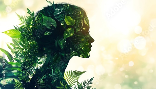 A captivating silhouette of a human profile, entirely composed of lush green leaves and plants, glowing softly against a light background, emphasizing environmental themes photo