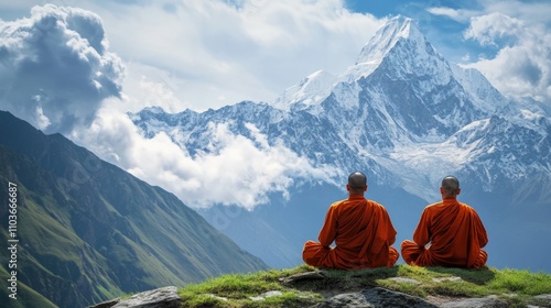 Two monks in vibrant orange robes meditating on a serene mountain slope with towering snow-capped peaks and drifting clouds in the background
