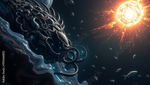 A close-up view of an alien spacecraft with intricate organic designs resembling a giant sea creature. The ship is partially submerged in a liquid atmosphere of swirling colors with tentacle-like.