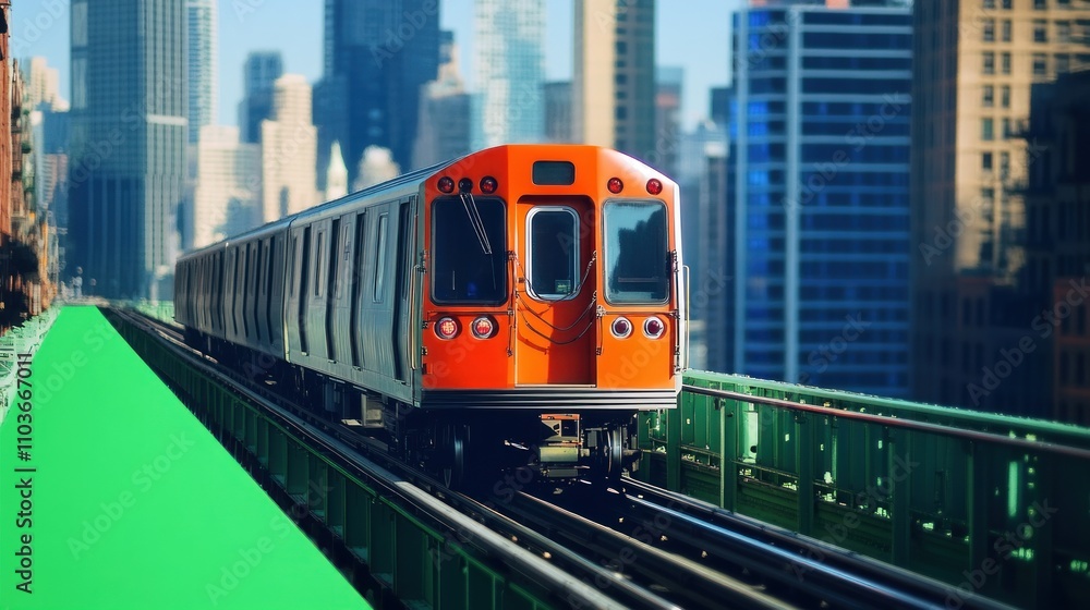Naklejka premium Bright Orange Train in Urban Cityscape with Tall Skyscrapers and Clear Blue Sky