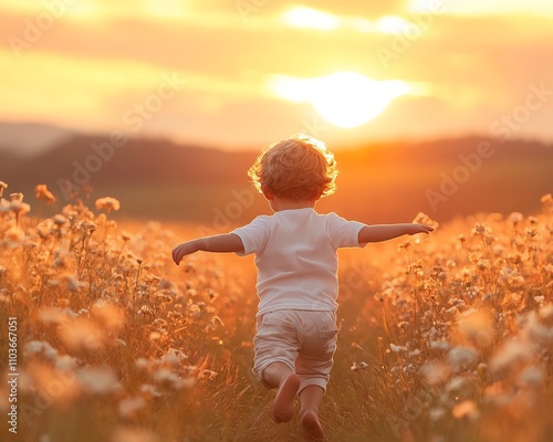 A joyful little boy running through a grassy meadow at sunset, viewed from behind, with the sky painted in warm hues of orange and pink, emphasizing nature s beauty photo