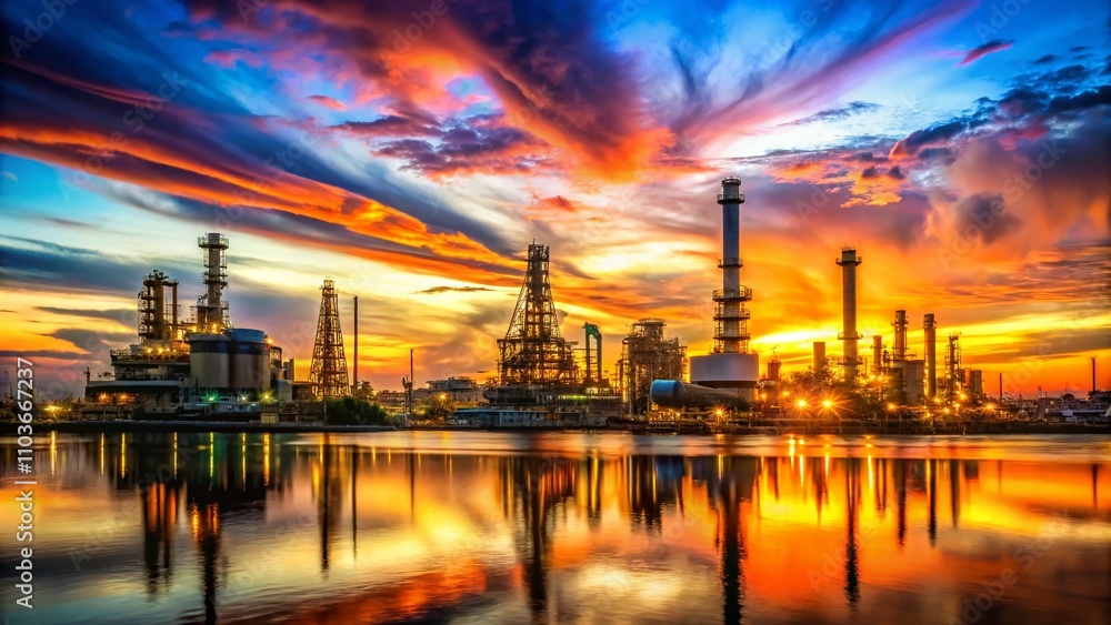 Long Exposure of Oil and Gas Industry Silhouettes: Refineries, Drilling Rigs, Offshore Platforms, Pumpjacks, and Energy Plants Against a Dramatic Sunset Sky Long Exposure of Oil and Gas Industry Silhouettes: Refineries, Drilling Rigs, Offshore Platforms, Pumpjacks, and Energy Plants Against a Dramatic Sunset Sky