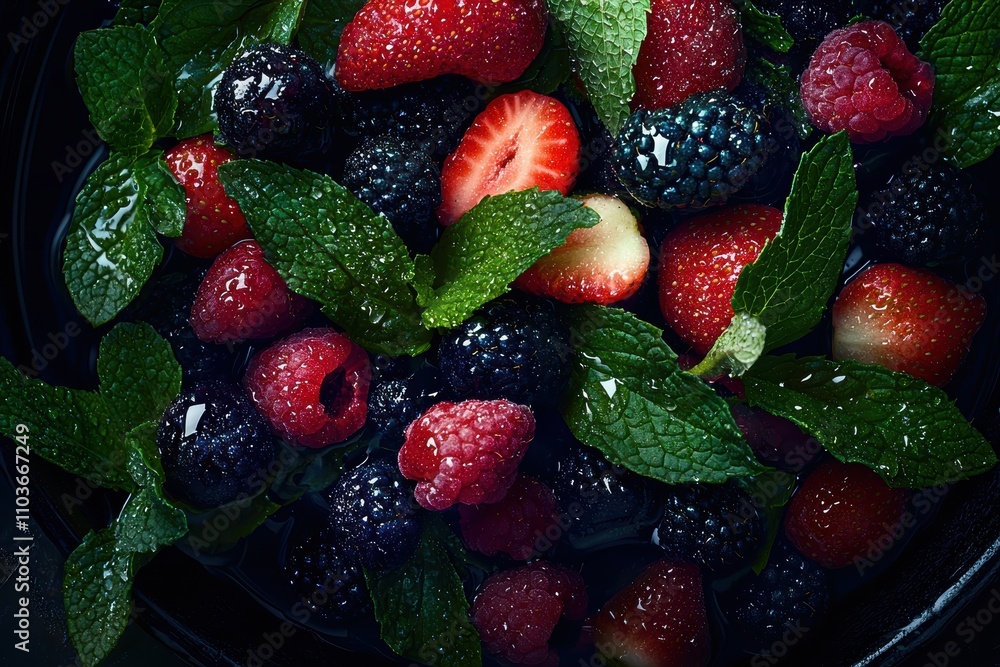 Fototapeta premium Fresh Berries and Mint Leaves on a Dark Background Surface
