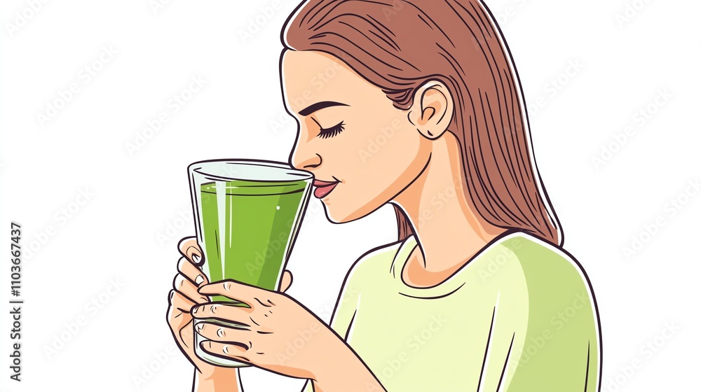 a 2D cartoon illustration of a person drinking a green smoothie, healthy and refreshing, white background--ar 16:9 a 2D cartoon illustration of a person drinking a green smoothie, healthy and refreshing, white background--ar 16:9