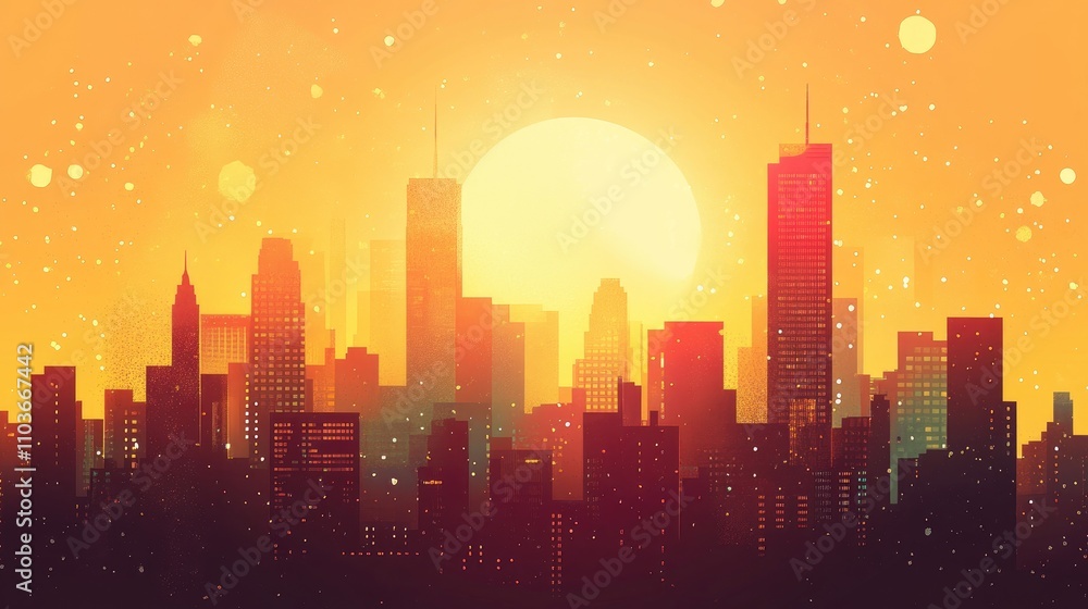 Vibrant city skyline at sunset showcasing a mix of warm and cool tones with a glowing sun and subtle sparkles above the silhouette of skyscrapers Vibrant city skyline at sunset showcasing a mix of warm and cool tones with a glowing sun and subtle sparkles above the silhouette of skyscrapers